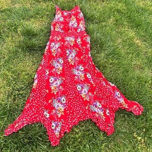BILA boho sleeveless asymmetrical long maxi dress sundress, red floral patchwork